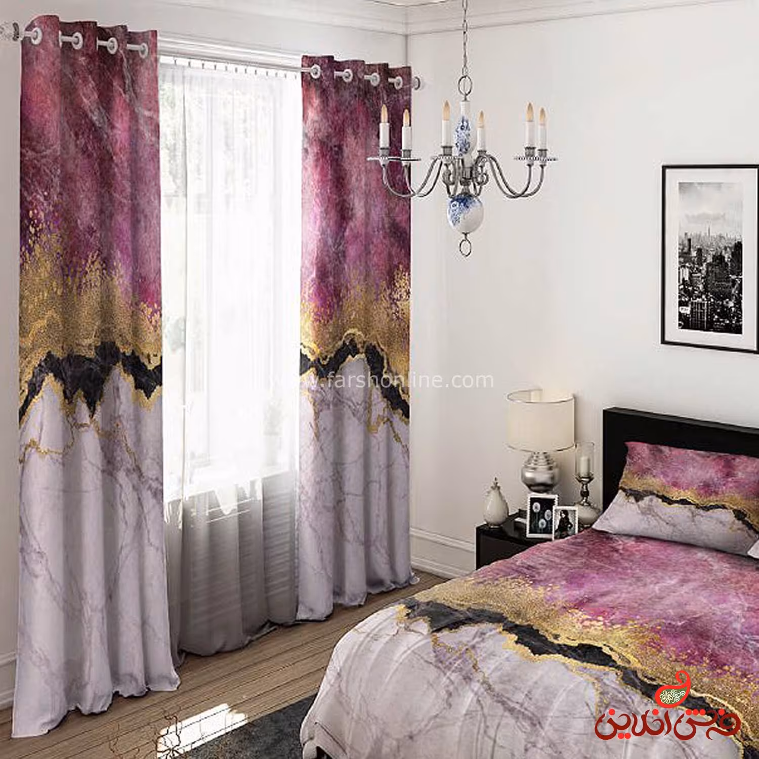 پرده 2 عددی طرح سنگ مرمر بنفش طلایی کد 15191/1