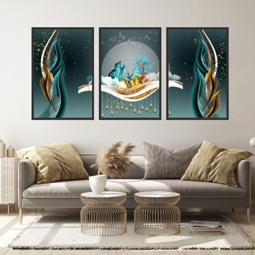 تابلو دکوراتیو فانتزی طرح گل وروبان وگوزن سه تکه 