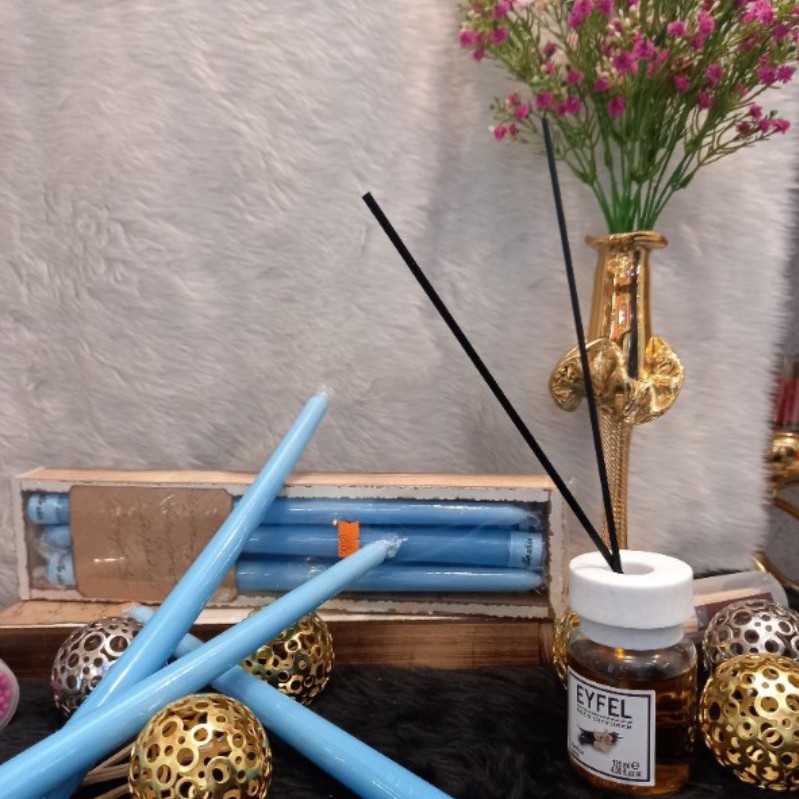 شمع قلمی  20 سانتی رنگ آبی پاستیلی بسته 6 عددی جعبه چوبی