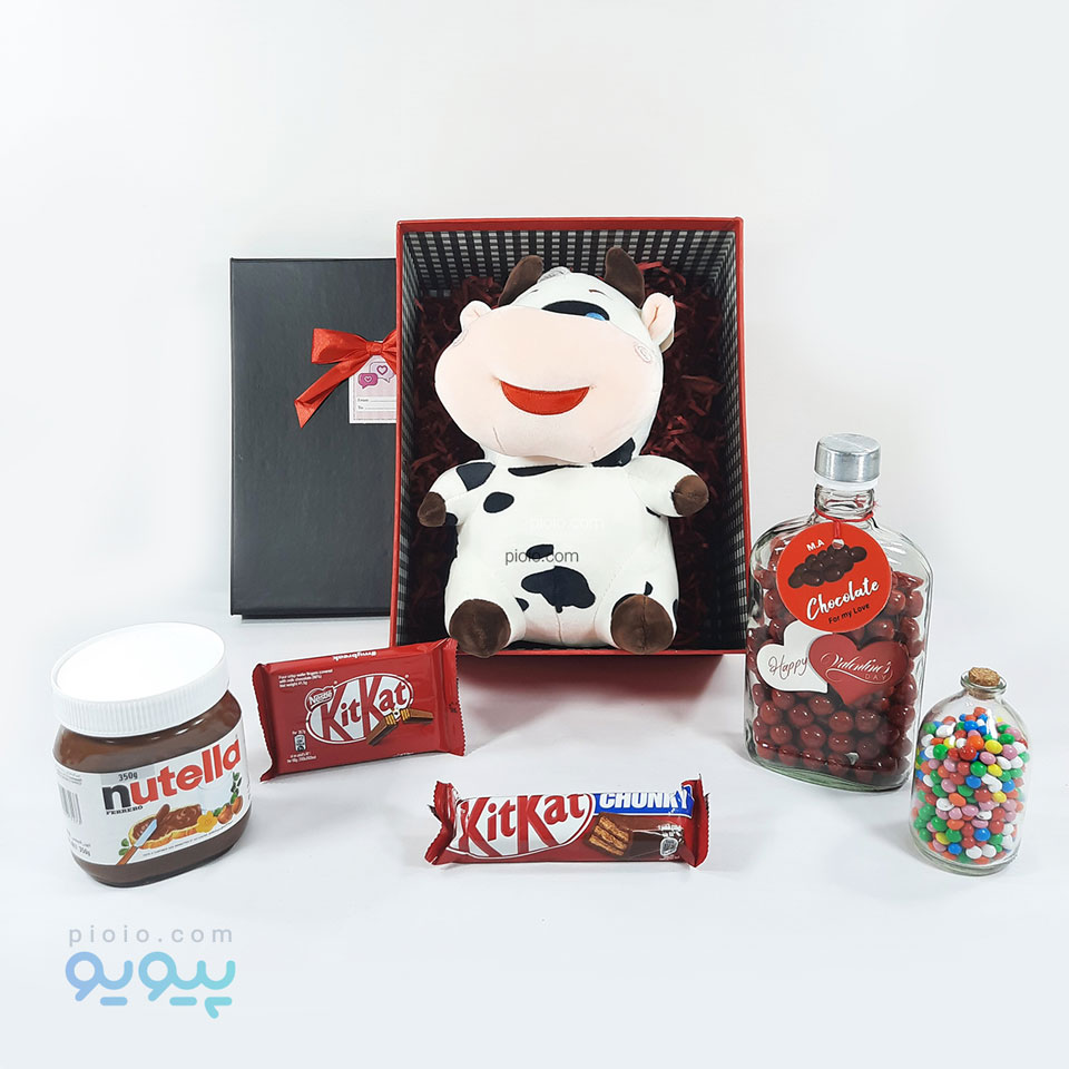 جعبه هدیه ولنتاین با عروسک گاو