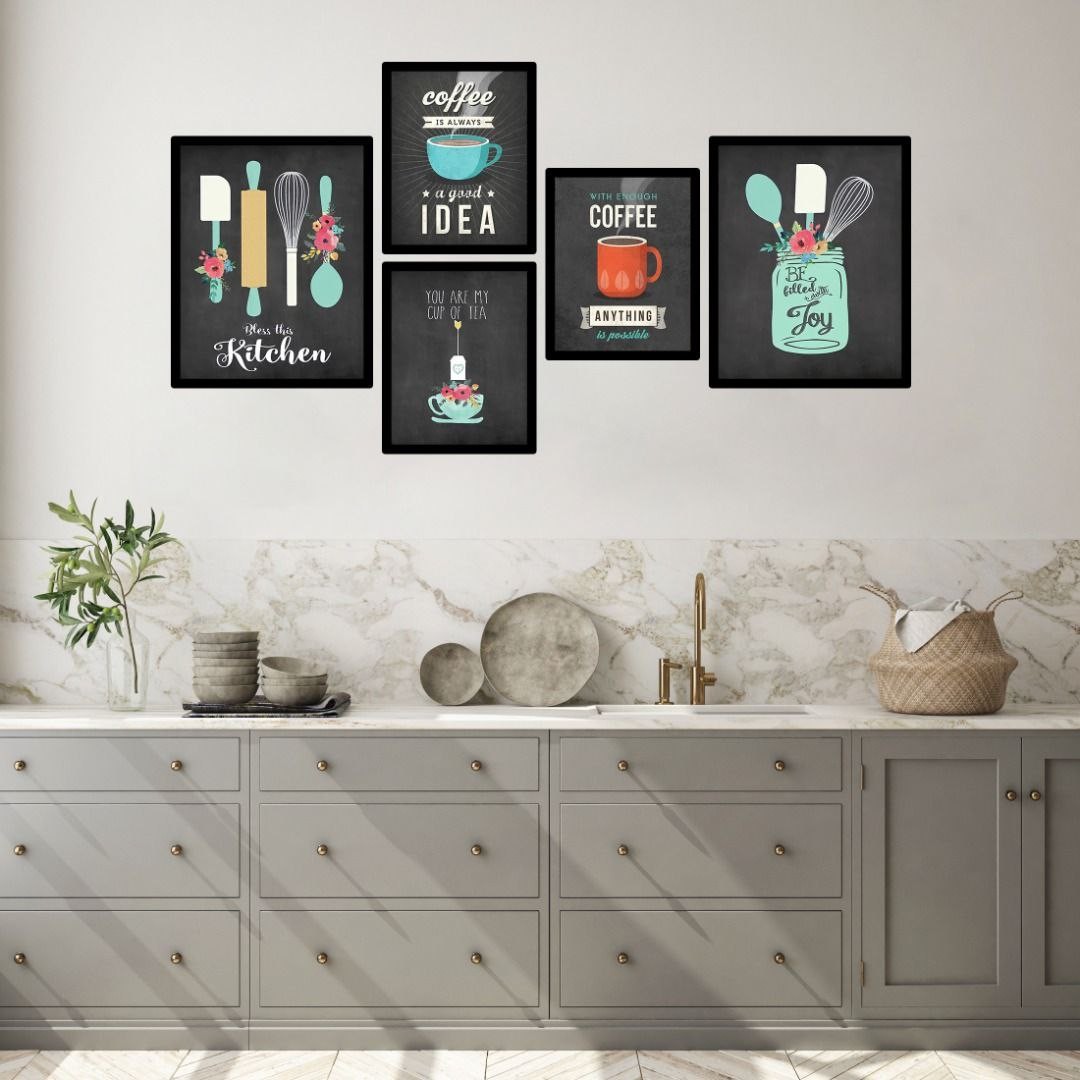 تابلو دکوراتیو آشپزخانه رنگی با زمینه مشکی پنج تکه