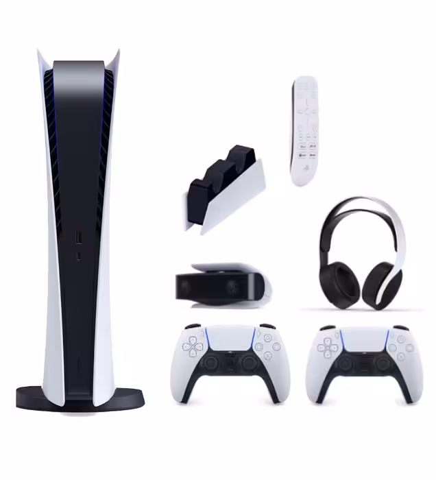 باندل پلی استیشن 5 دیجیتال به همراه یک دسته اضافه، هدست، ریموت کنترل، دوربین و پایه شارژر ظرفیت 825 گیگابایت