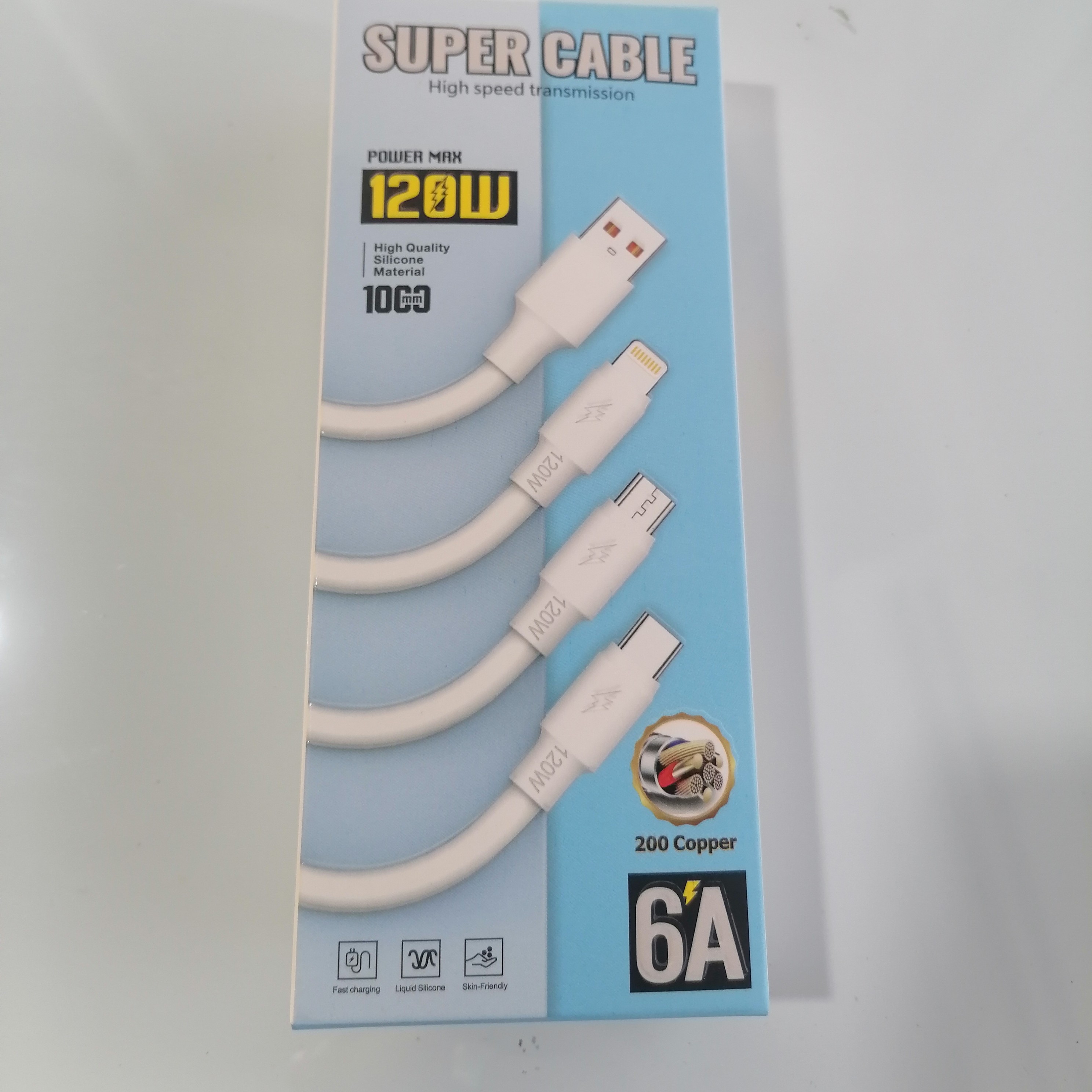 کابل شارژ فوق ضخیم 120 واتی 6 آمپر فست شارژ  تایپ سی مدل SUPER CABLE