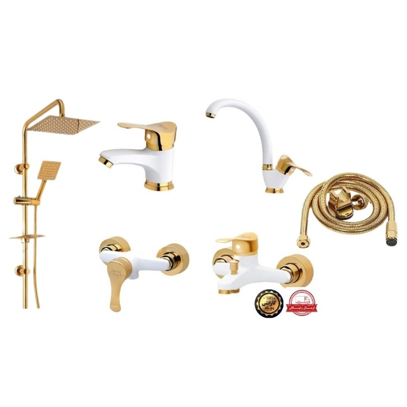 ست کامل 6تایی شیر آلات طلایی با الم دوکاره و  شلنگ 