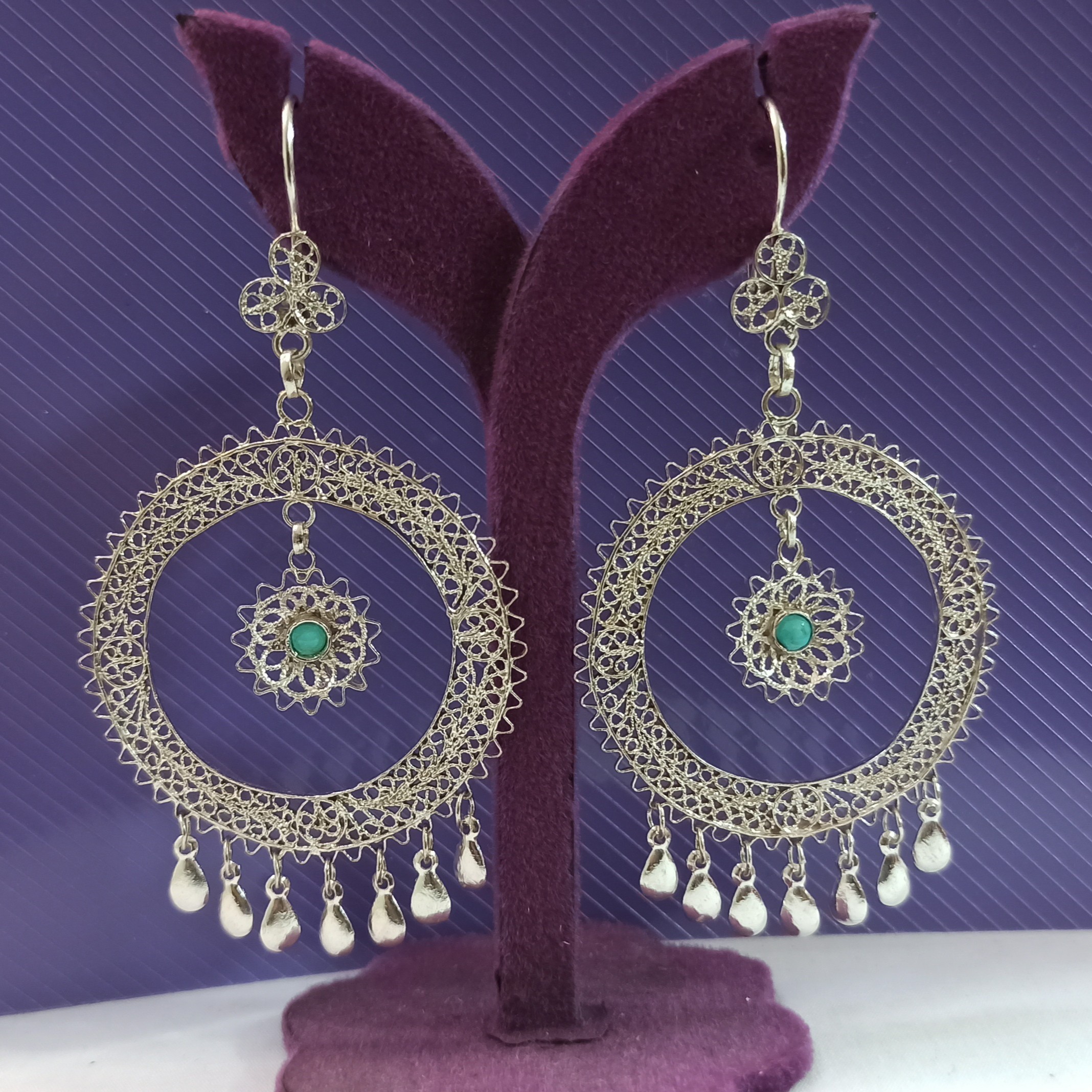 گوشواره نقره شبکه کاری اصفهان کد 355 آویز دار نگین فیروزه نیشابوری