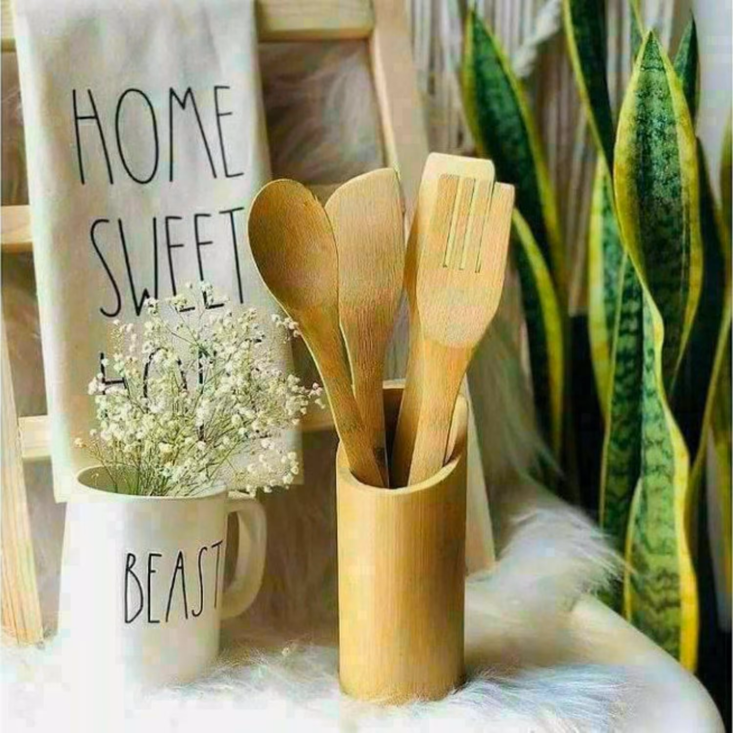 ست کفگیر و ملاقه بامبو همراه با استند 