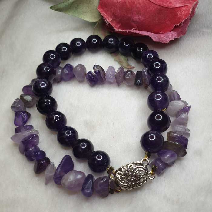 دستبند دو ردیفه سنگ آمیتیست با قفل استیل رنگ ثابت