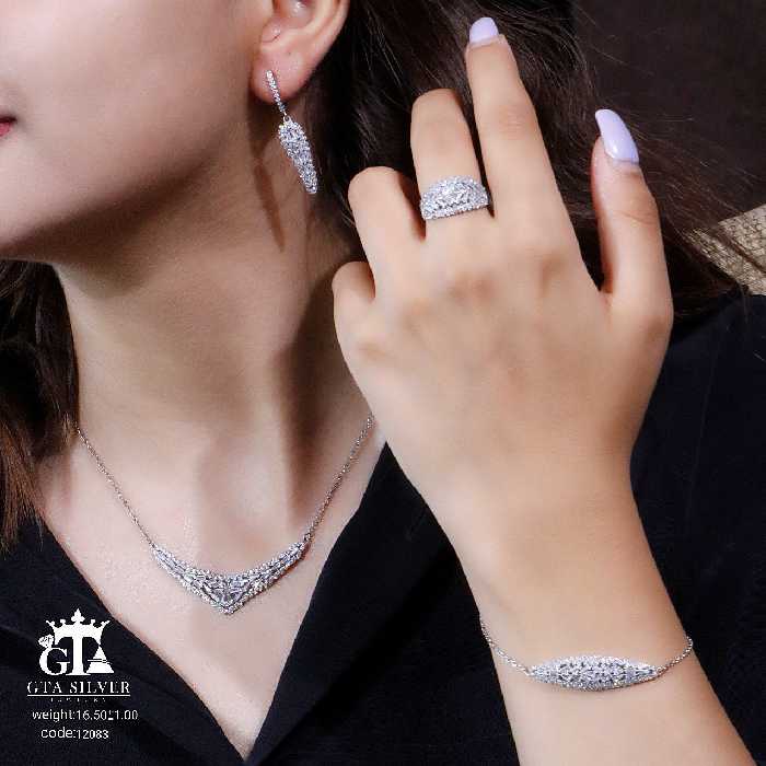 سرویس نقره نگین باگت ابکاری طلاشده ظریف و شیک نگین بدون ریزش