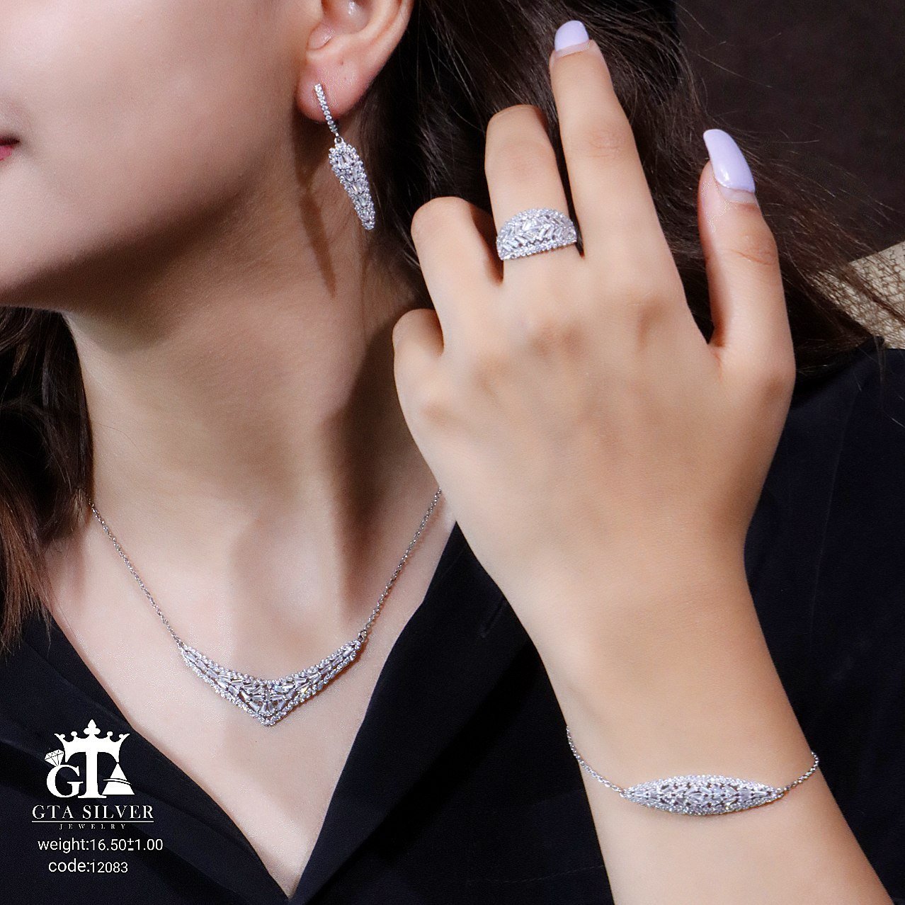 سرویس نقره نگین باگت ابکاری طلاشده ظریف و شیک نگین بدون ریزش