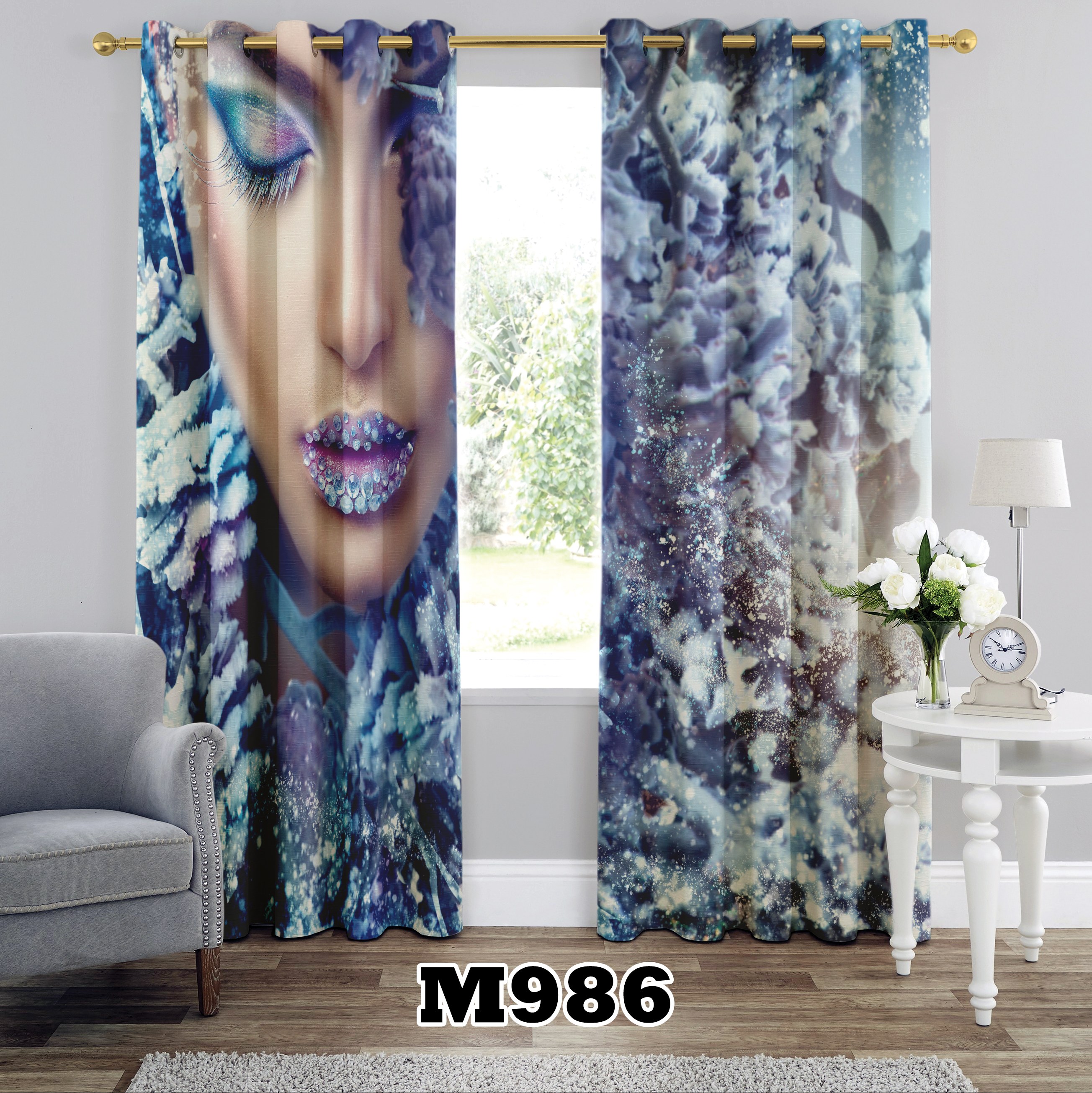 پرده چاپی طرح رخ کد M986 تک قواره ارتفاع 300 عرض 140 سانت