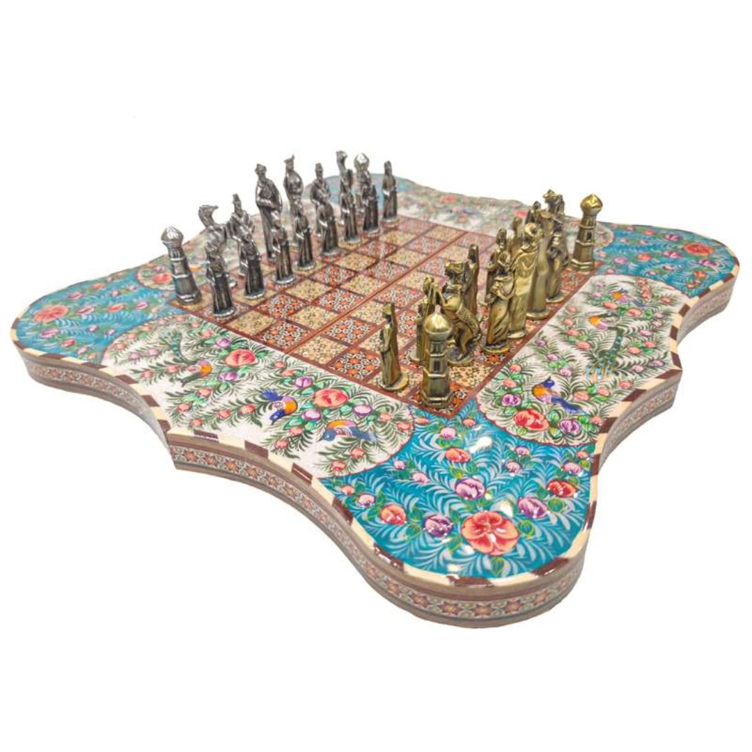 صفحه شطرنج خاتم کاری طرح نقاشی گل و مرغ مدل دالبری پشت صدفی کد 101

