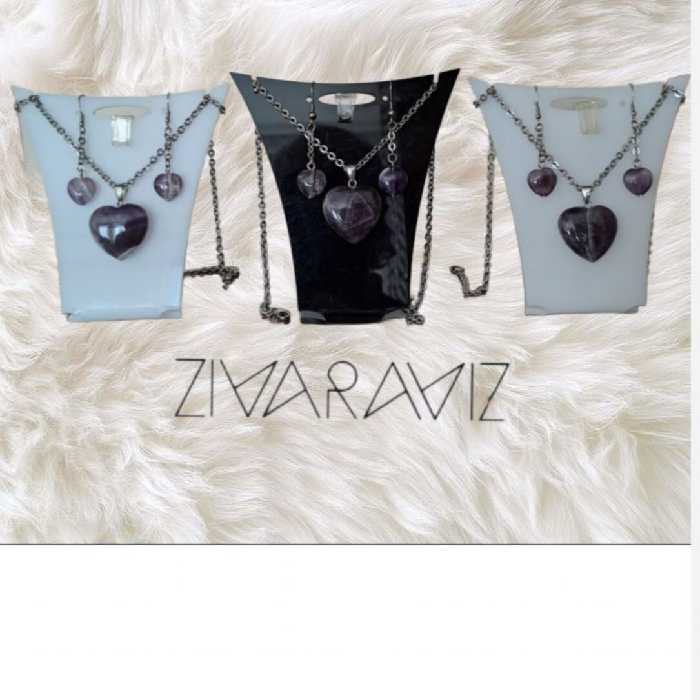 ست گردنبند و گوشواره  سنگ  آمیتیست با طرح قلب  با زنجیر استیل 