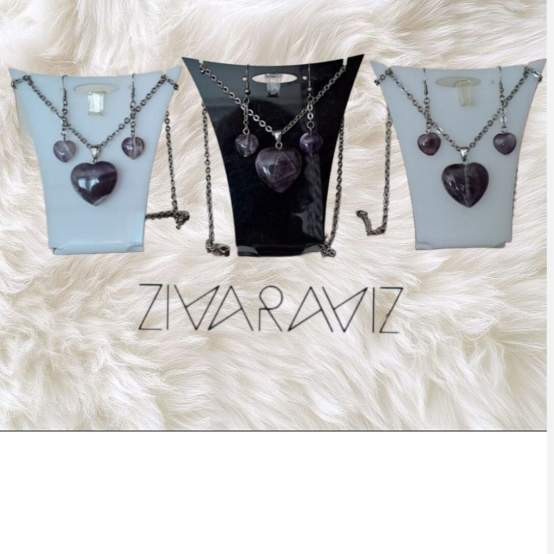 ست گردنبند و گوشواره  سنگ  آمیتیست با طرح قلب  با زنجیر استیل 
