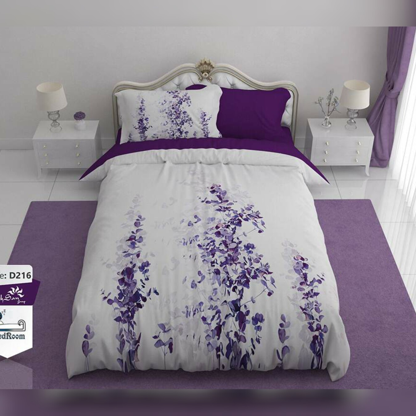 روتختی دونفره شیک و جدید زمینه سفید با گل ریسه ای بنفش با ضمانت و الیاف ضدحساسیت مناسب عروس(برای تخت با عرض160 )