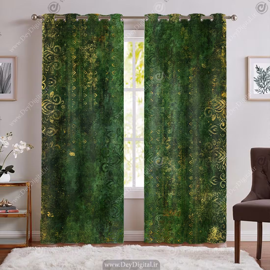 پرده پانچی شیک و خاص سبز طلایی مدل پتینه ای PK-7635
