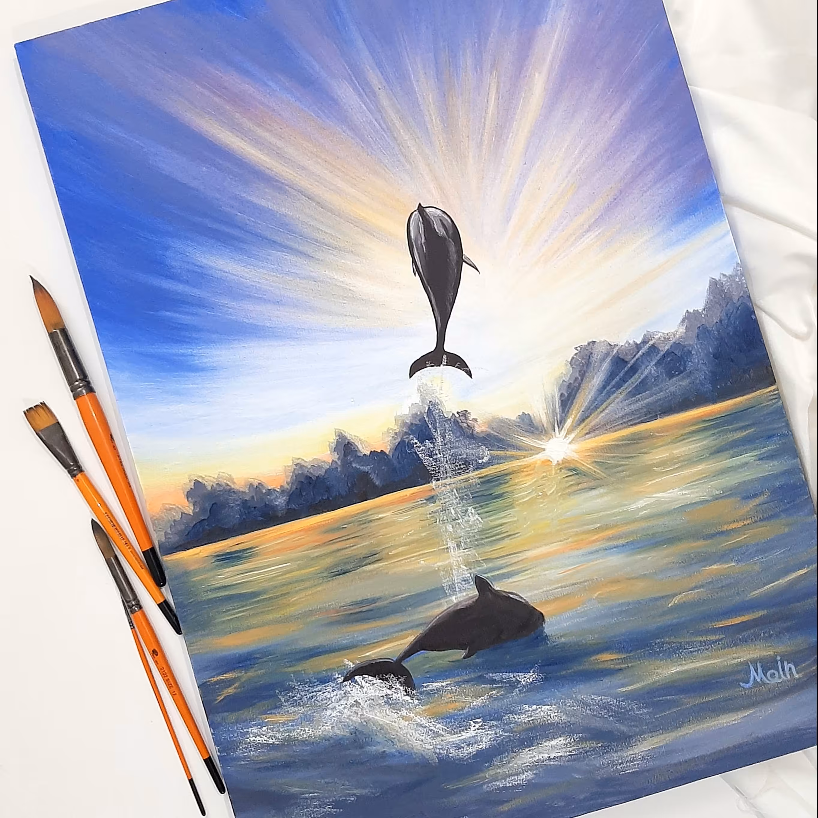 تابلو رنگ روغن دلفین ها ابعاد 50 ×70 غیر کپی و اورجینال