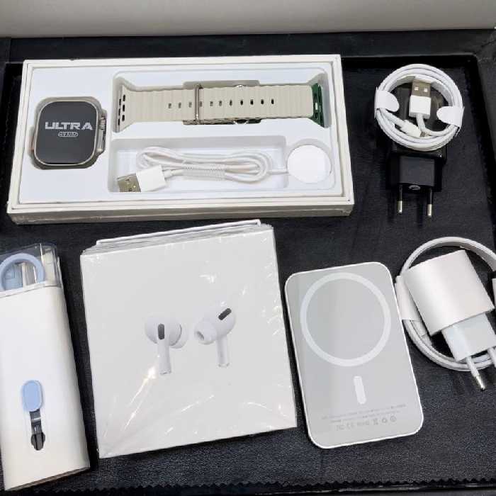 اپل واچ اولترا بهمراه پکیج کامل آیفون اولترا واچ ایرپاد باتری اکسترنال قاب و گلس آیفون شارژر آیفون کیت تمیز کننده 7کاره 