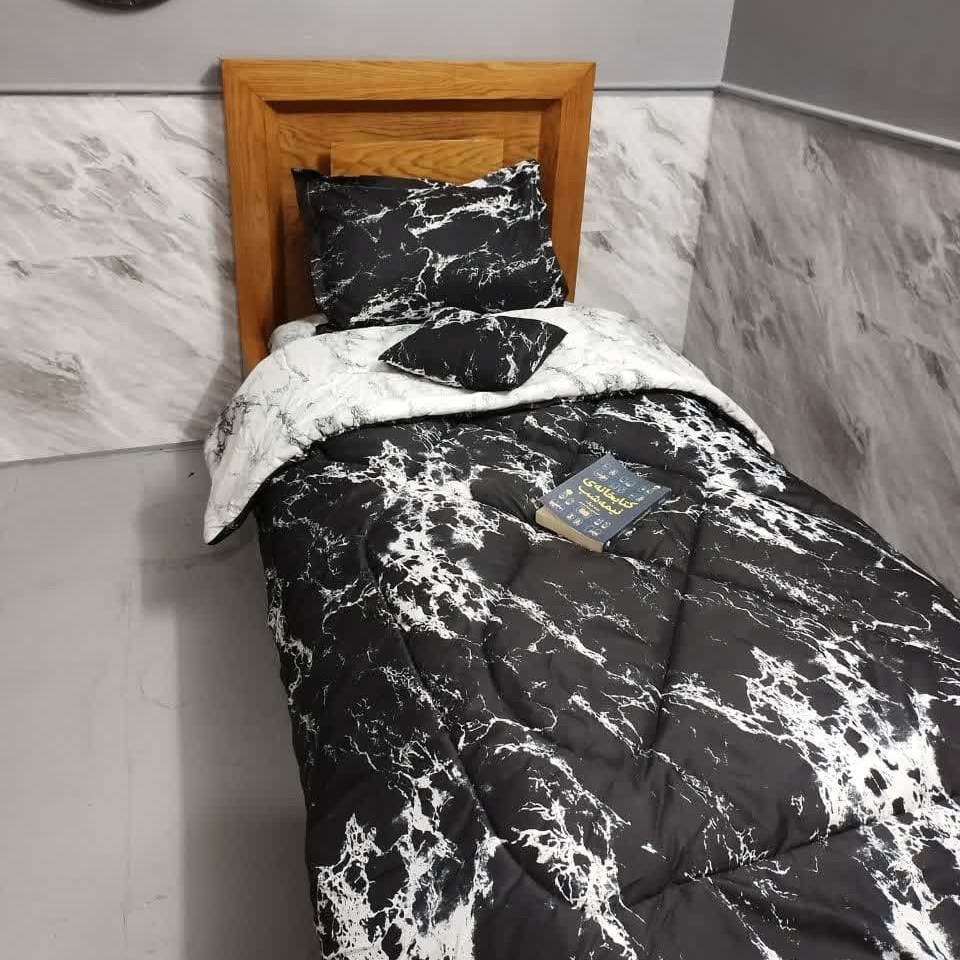 روتختی کتان پلی استر تکنفره 120 کد 309 طرح سنگی ماربل سفید مشکی