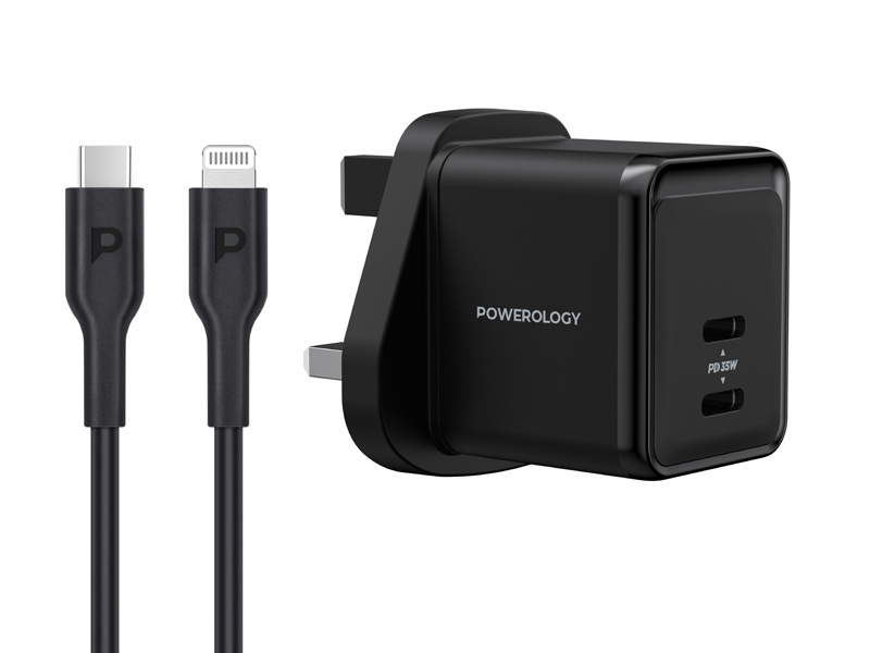 شارژر دیواری تایپ سی 35 وات همراه کابل لایتنینگ 1.2 متری پاورولوژی Powerology Super Compact Gan Charger PWCUQC012-BK