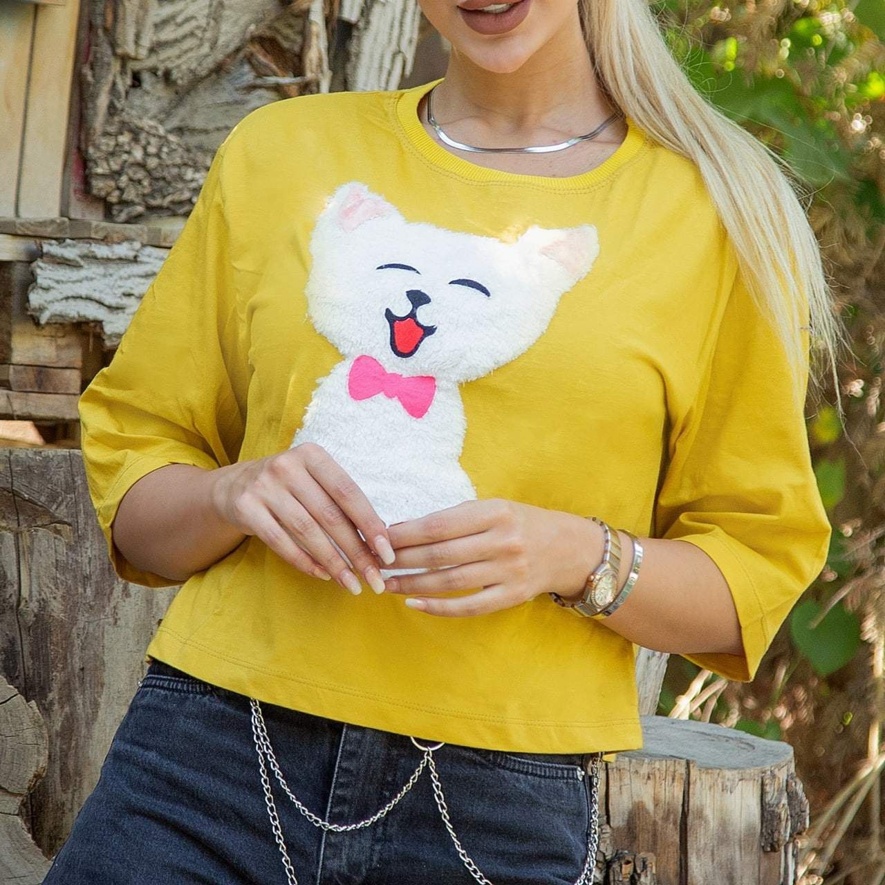 کراپ تیشرت لش طرح گربه برجسته دخترانه