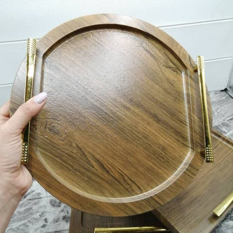 سینی چوبی گرد دسته طلایی رنگ دسته ثابت