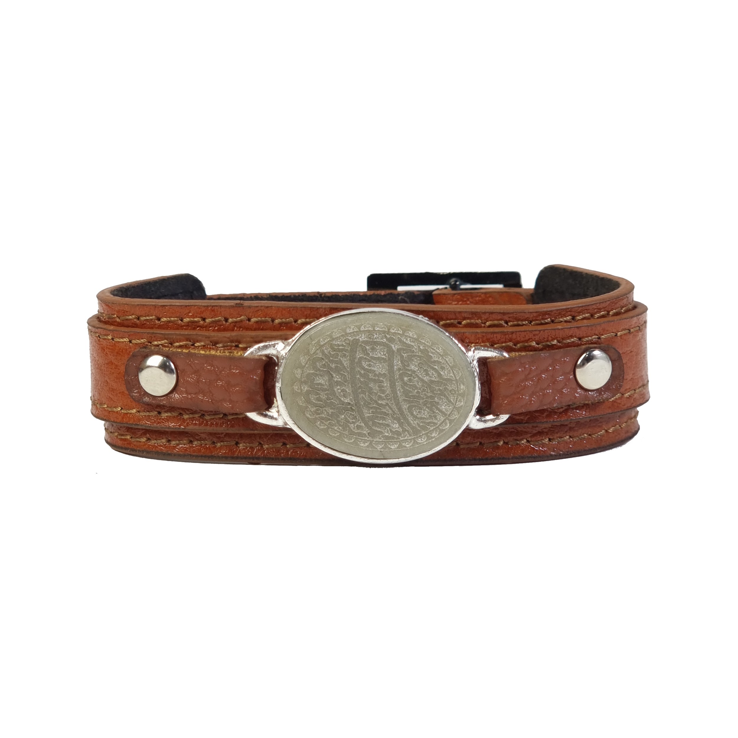 دستبند چرم و سنگ طبیعی یشم با حکاکی وان یکاد کد 204