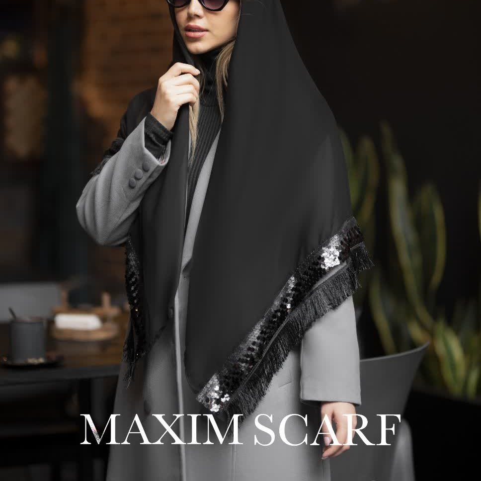 روسری مشکی مجلسی کرپ حریر دور پولک و ریشه دار قواره 130 سانتی