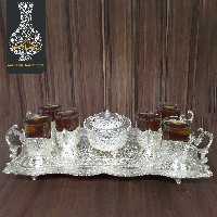 قلمزنی سرویس چایخوری شش نفره دستساز قلم گل و طاووس  اعلاء سفید طرح نقره  