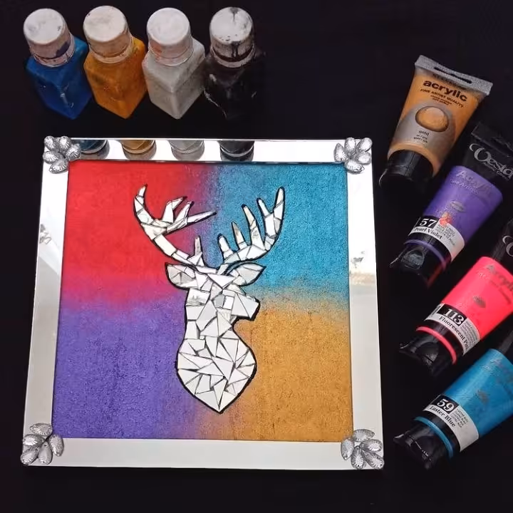 تابلوآینه‌کاری‌گوزن با تکه چسبانی آینه بروی چوب ابعاد25در25