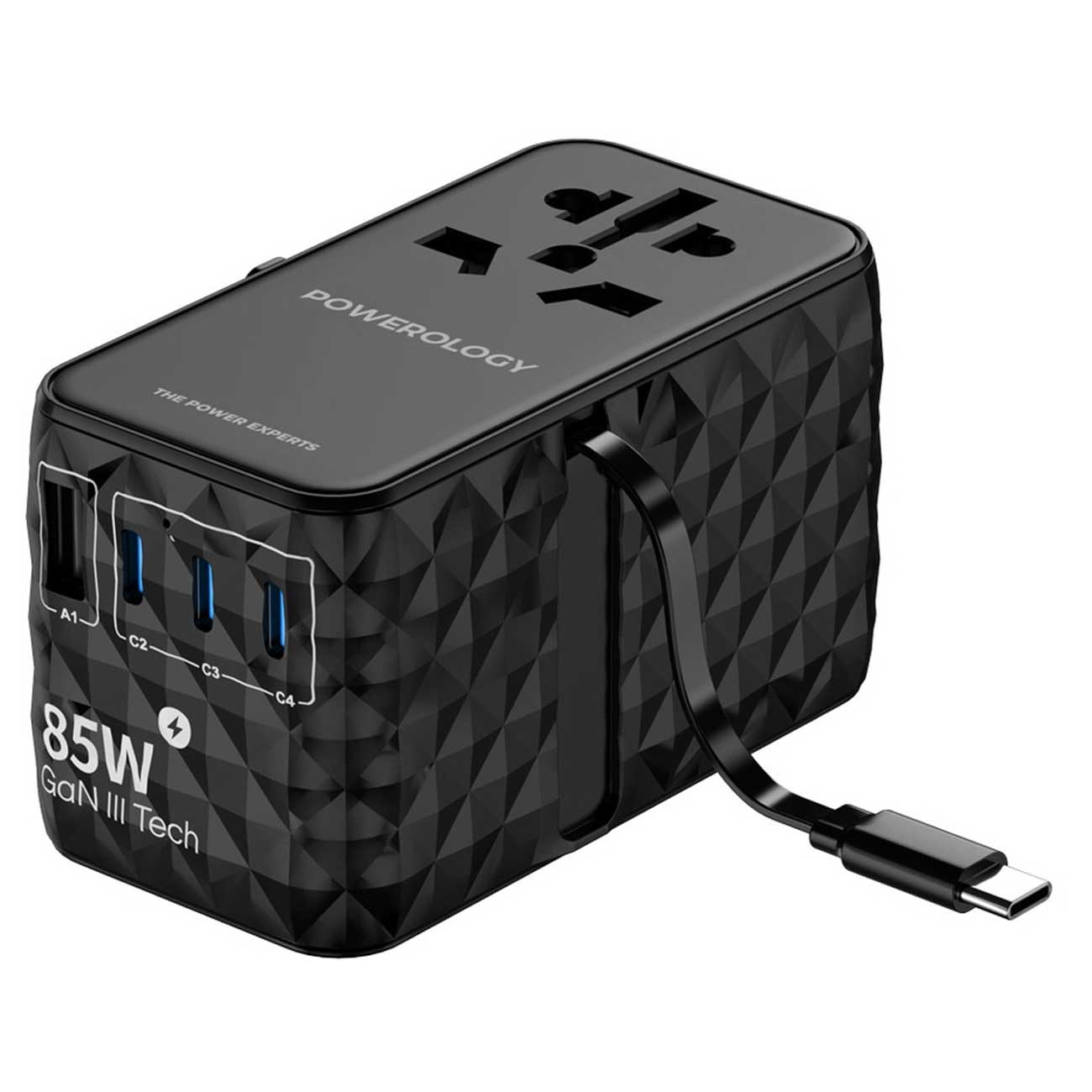 تبدیل پریز برق چندکاره 2500 وات و شارژر دیواری فست تایپ سی و یو اس بی 85 وات پاورولوژی PWCUQC026BK