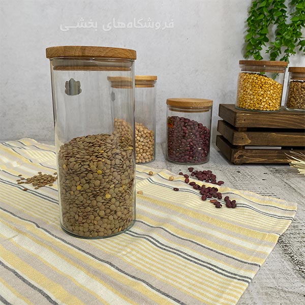 بانکه شیشه ای مدل درب چوبی هرا سایز 1 نیلوفر