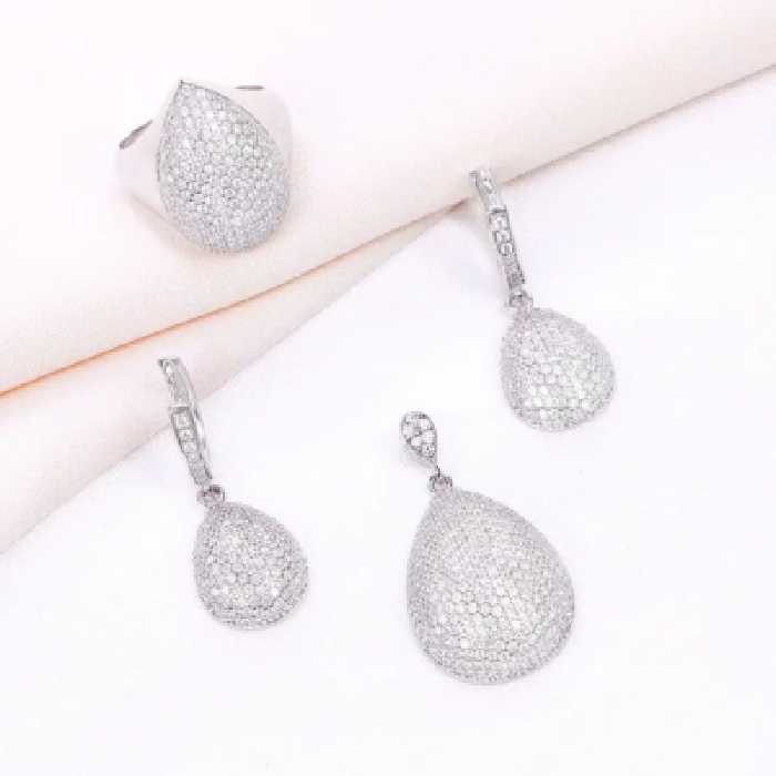 نیم ست نقره زنانه پر نگین طرح اشکی درشت کد 16023