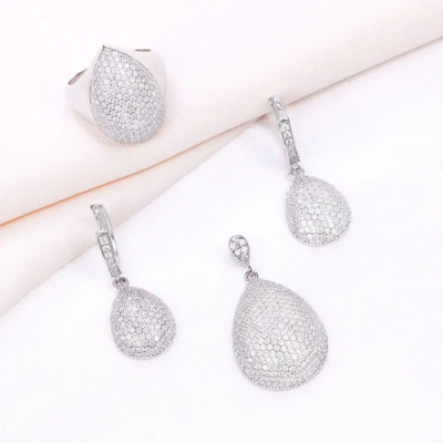 نیم ست نقره زنانه پر نگین طرح اشکی درشت کد 16023