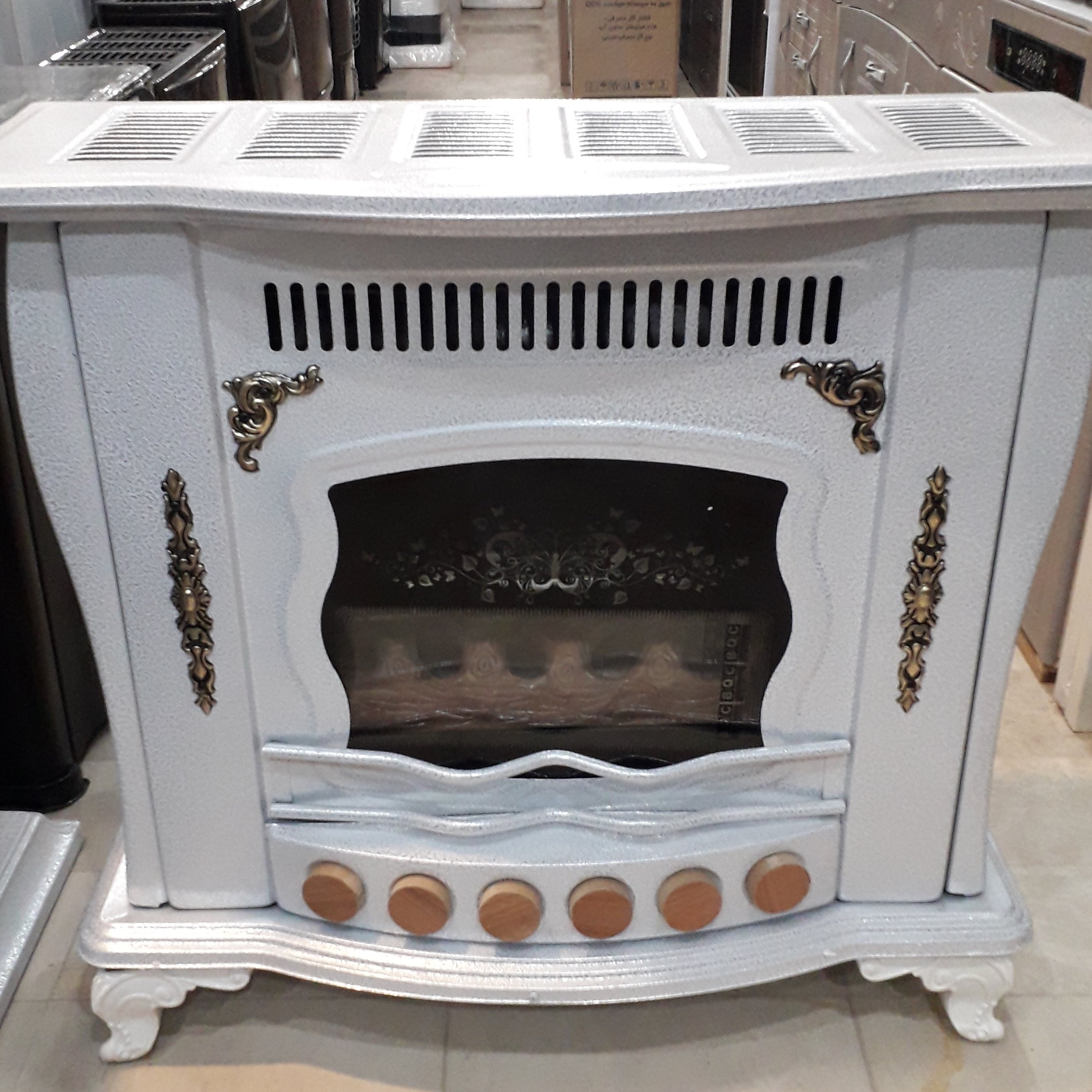 بخاری گازی شومینه 28000 آروین رنگ سفید چکشی