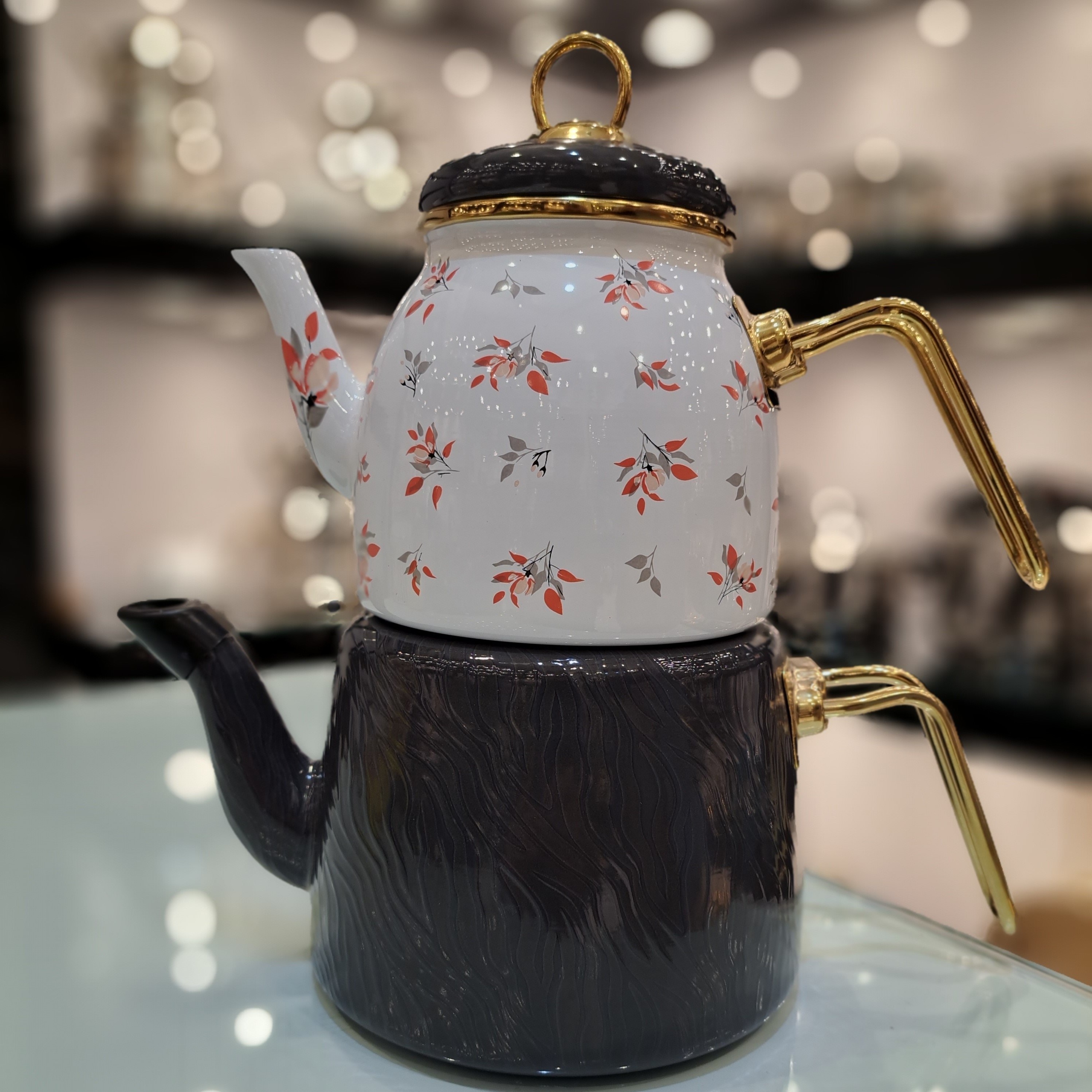 ست کتری قوری ترک سفید طوسی گلدار