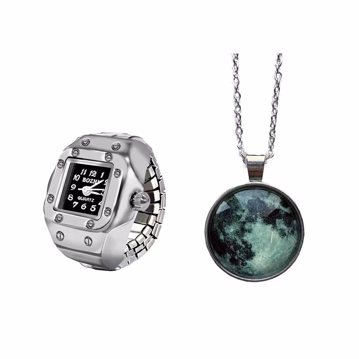 پکیج ساعت انگشتری استیلگردنبند ماه شب تاب