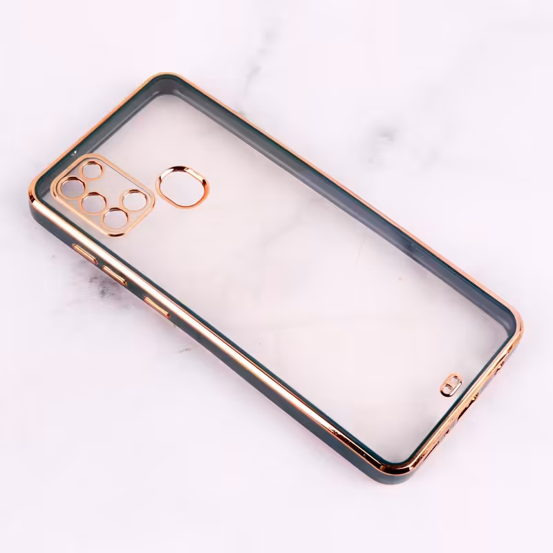 قاب سامسونگ A21s  مدل کروم دور طلایی شفاف دارای محافظ لنز  دوربین رنگ مشکی