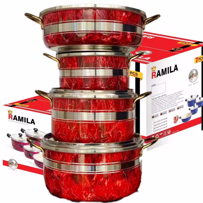 سرویس قابلمه زنبوری طرح ترک رامیلا رنگ قرمز - خرزد و قیمت تولیدی قابلمه زنبوری در ایران -aluminium cookware factory