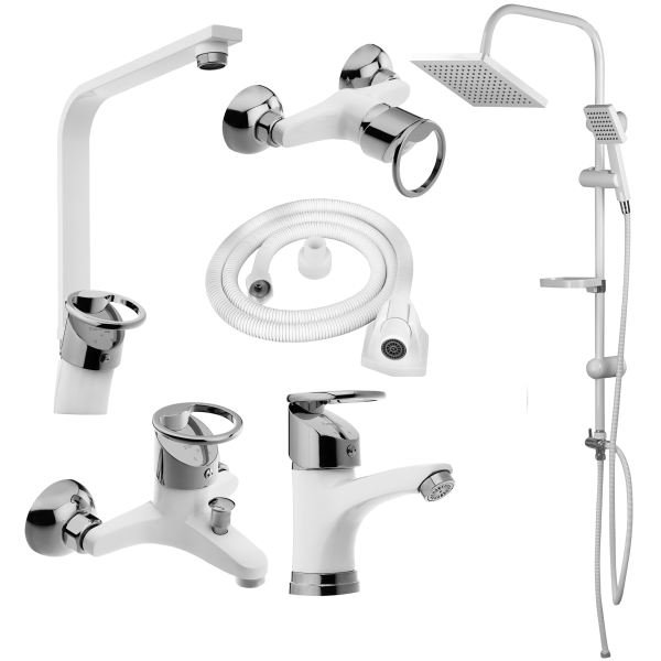 ست شیرآلات النگویی سفیدکروم به همراه علم دوش دوکاره حمام و شلنگ توالت