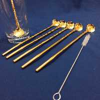 قاشق شربت خوری نی دار طلایی 7 عددی + فرچه  طرح گل رز 