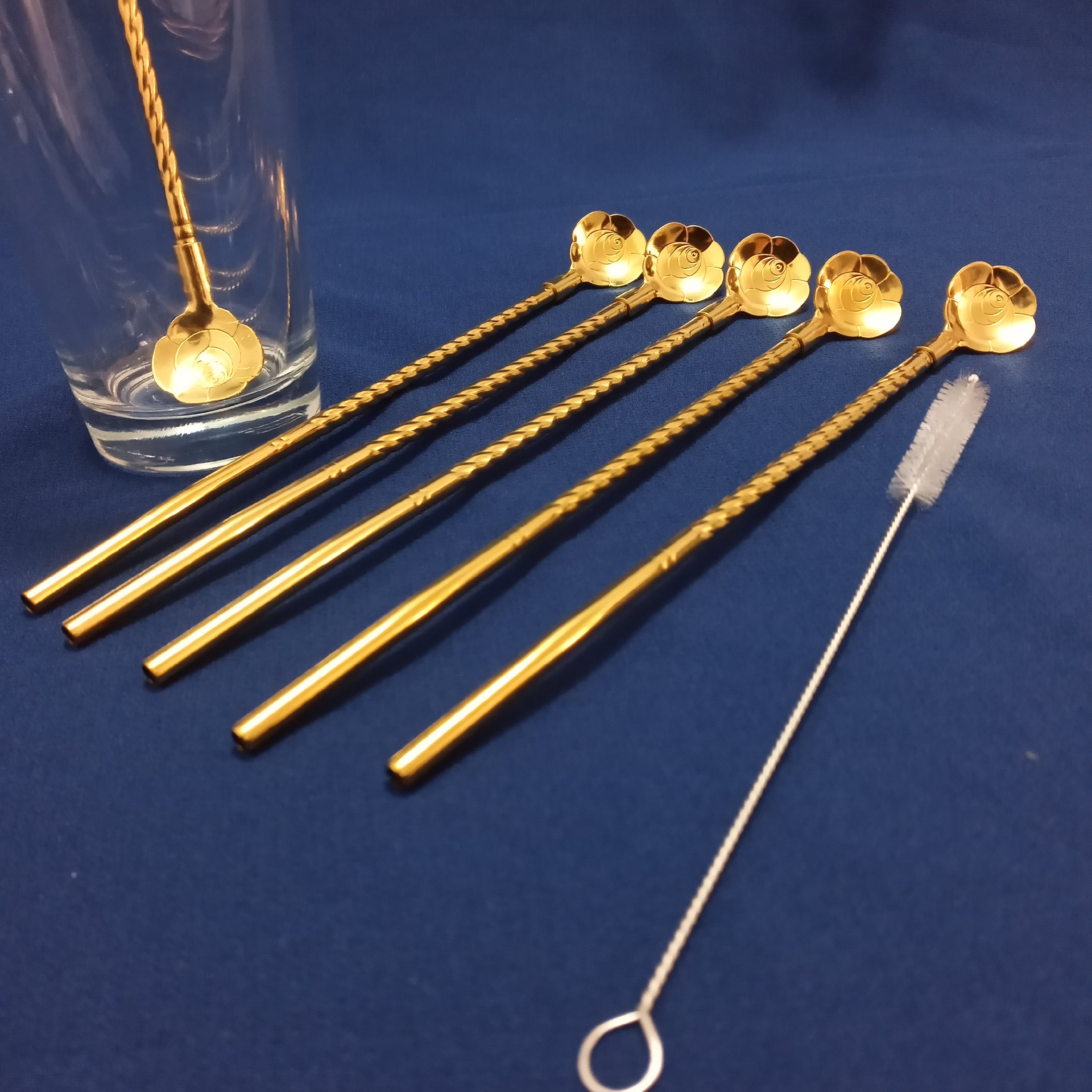 قاشق شربت خوری نی دار طلایی 7 عددی + فرچه  طرح گل رز 