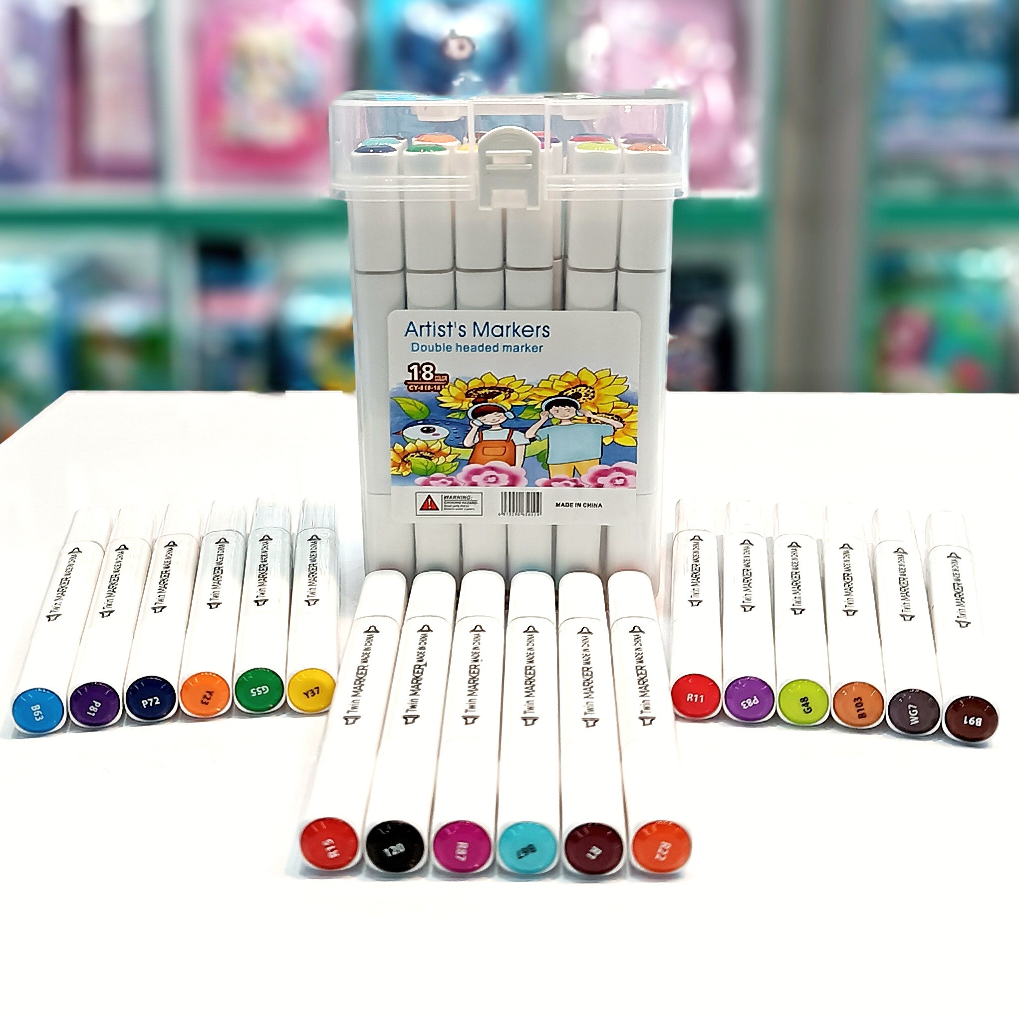  ماژیک رنگ آمیزی 18 رنگ دو سر جعبه دار وارداتی برند مارکر کیفیت عالی - ماژیک 18 رنگ - ماژیک دوسر 