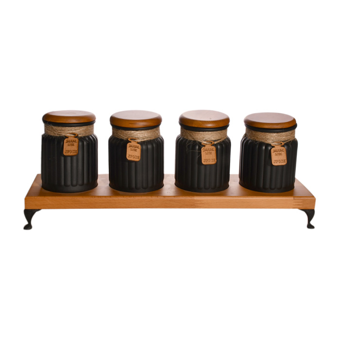 ست جا ادویه 4 تکه گلس کالر درب چوبی