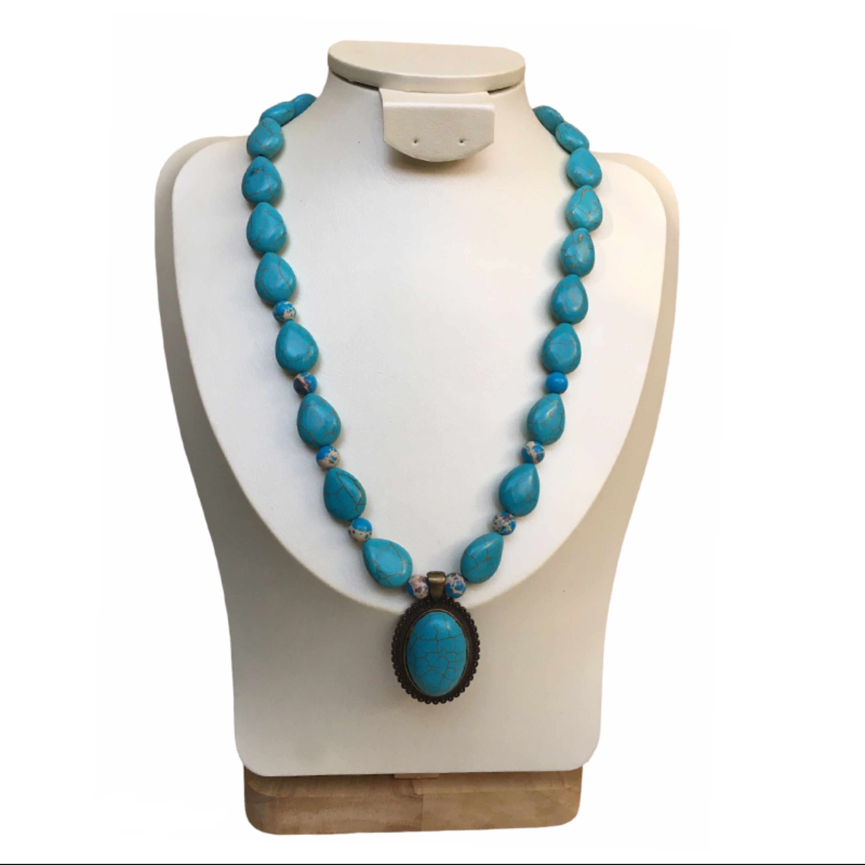 گردنبند جوانه تلفیقی از سنگ های فیروزه ساده و فیروزه آفریقایی