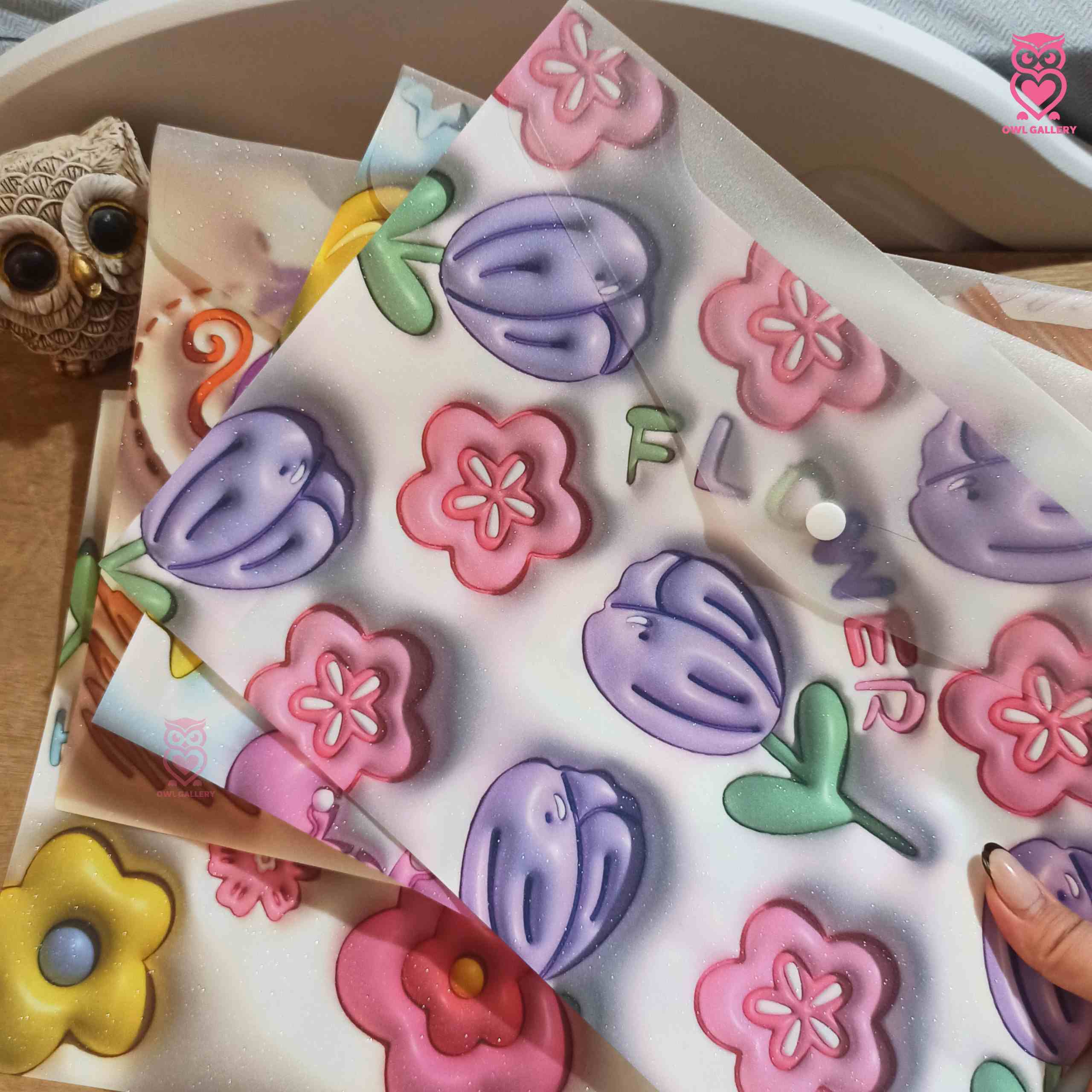 پوشه دکمه ای اکلیلی سایز A4 طرح سه بعدی گل