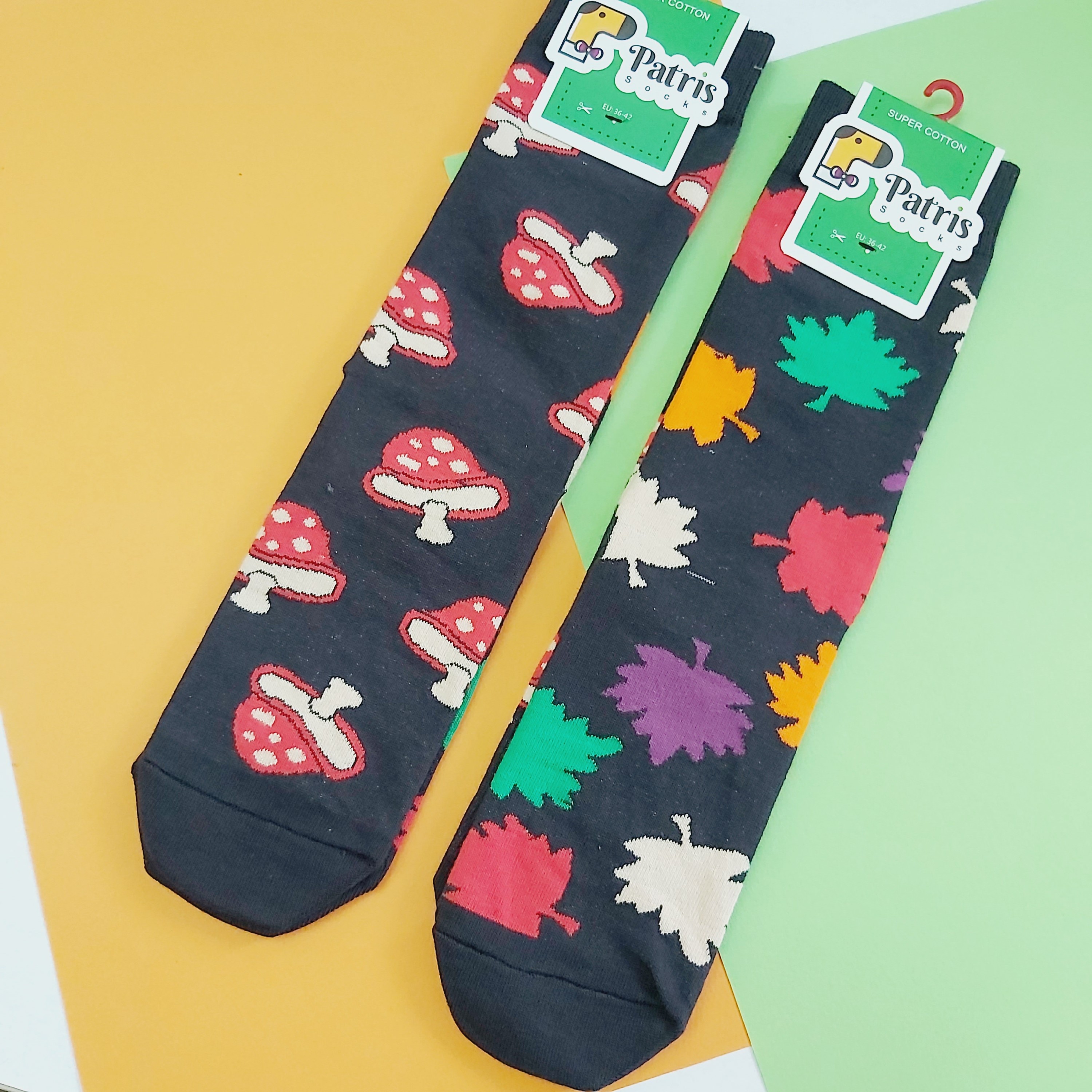 جوراب ساقدار نخ پنبه از برند پاتریس با طرح قارچ و برگ