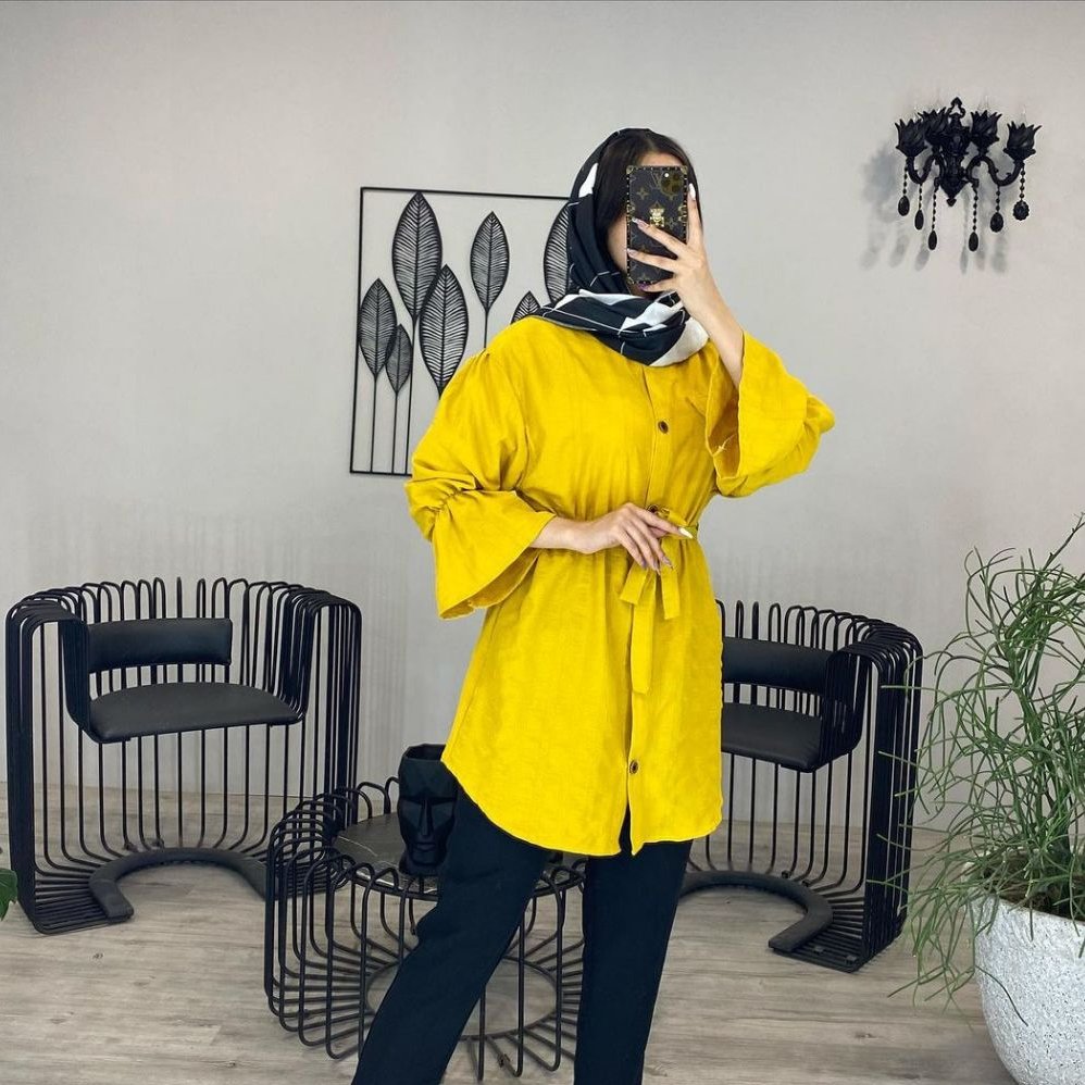 مانتو بهاره آستین شیپوری زرد
