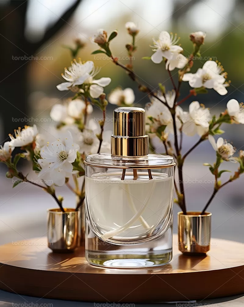 عکس شیشه عطر و شکوفه های سفید | گرافیک با طعم تربچه