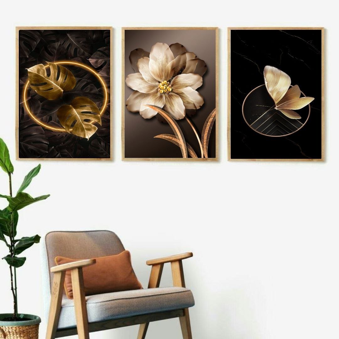 تابلو دکوراتیو 3تیکه گل قهوه ای و پروانه