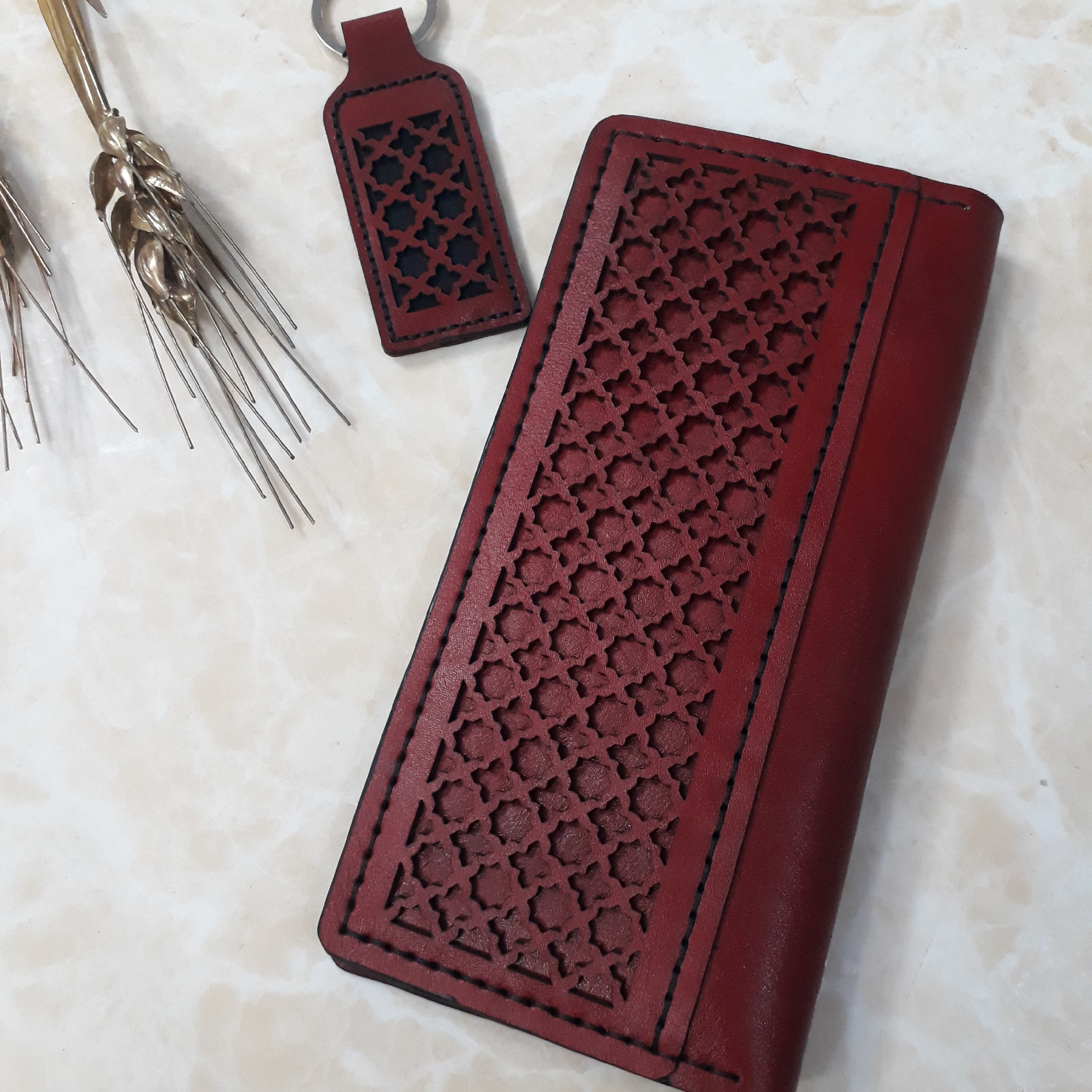 ست کیف پول چرم گاوی و جاکلیدی طرح اسلیمی 